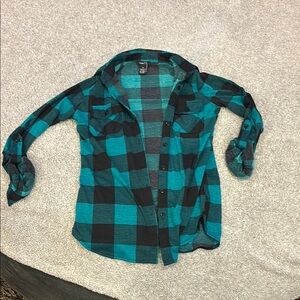 Rue21 Turquoise and Black Checkered Top
